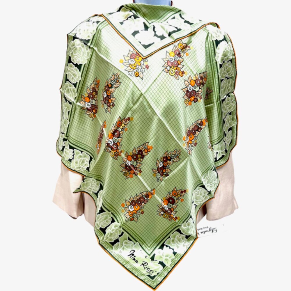 Unused-NINA RICCI PARIS  SILK SCARF   30" Made in France Green Orange Floral (75